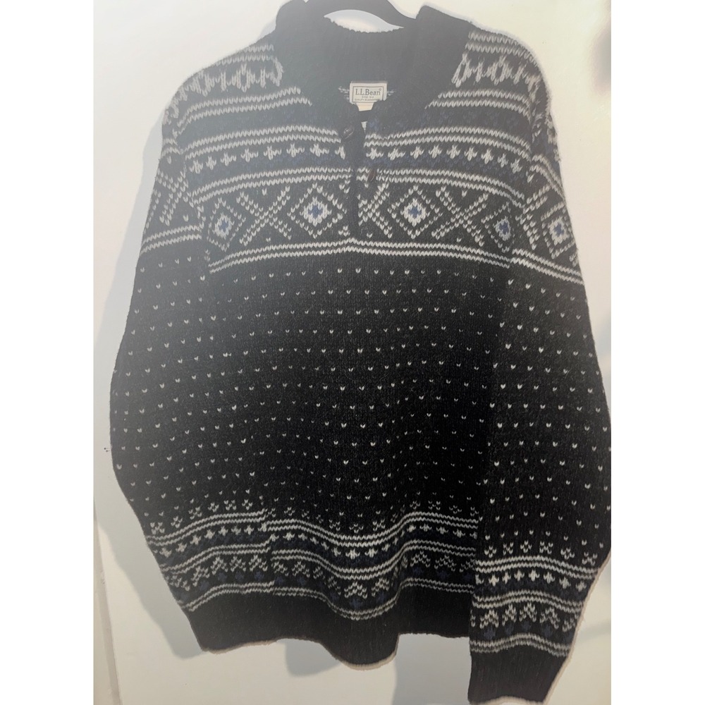 LL Bean Mens XL Classic Ragg Wool Henley Sweater Fair Isle Black Blue